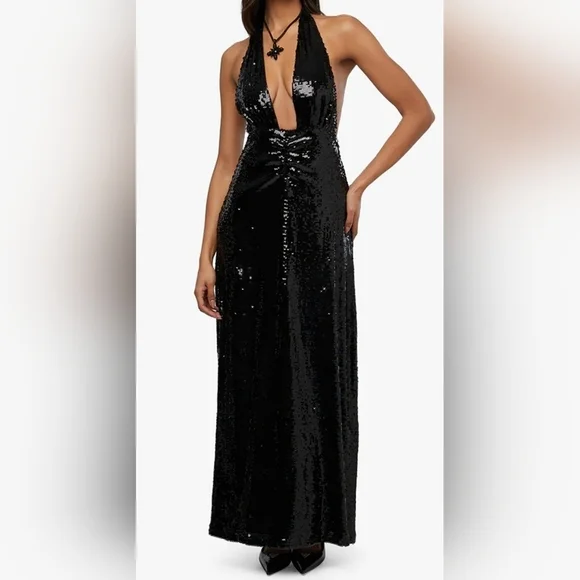 WeWoreWhat Backless Black Sequin Halter Maxi Dress, Women's Size 2