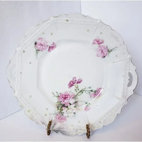 Antique RS Prussia Porcelain White Cake Plate‎ Pink Roses Gold Accents 11.25”