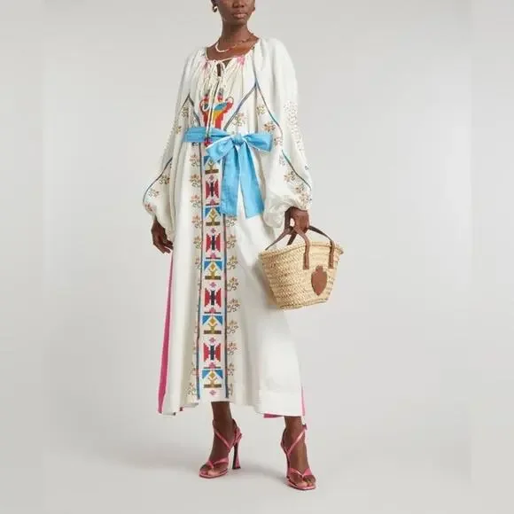 Farm Rio Macaw Embroidered Linen Caftan Midi-Dress