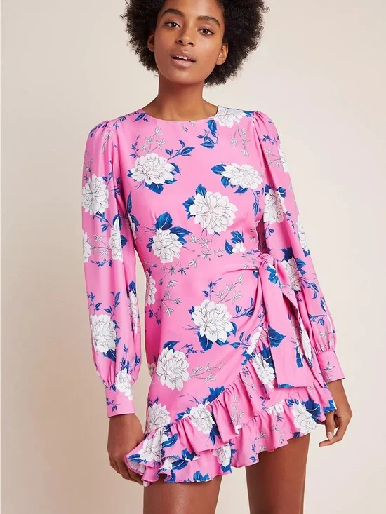 Yumi Kim Daphne Silk Mini Dress Pink Floral Faux Wrap Ruffle Long Sleeve Size 4