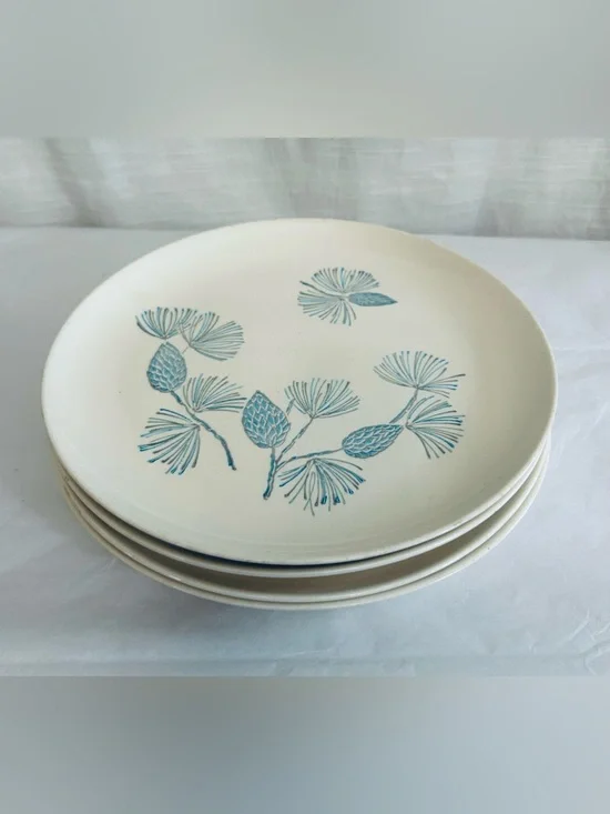 Vintage Mid Century‎ Blue Spruce Ceramic Dinner Plate with Teal Pinecone Design