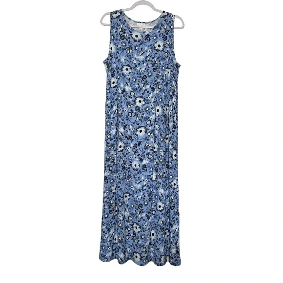 J Jill Floral Bird Print Sleeveless Maxi Dress Size M Blue Boho Resort Beach
