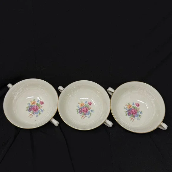 Lenox Rose Floral Cream Soup Handle Bowls Set 3 Pcs Floral Gold Trim 5 Inch Diam