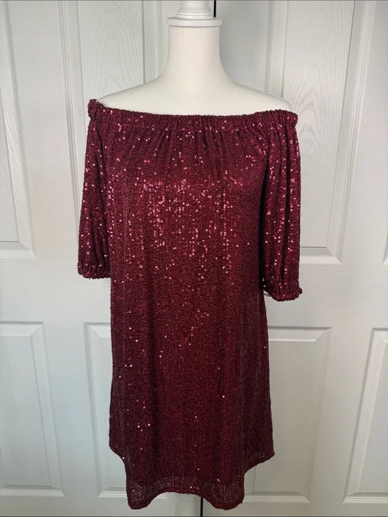 Burgundy Sequin Off Shoulder Shift Dress Boho Cocktail Wedding Party Festival✨