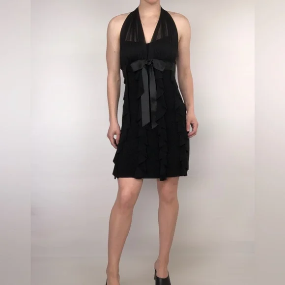 Vintage Y2K Betsy &‎ Adam Halter Ruffle Bow Mini Black Dress Size 6