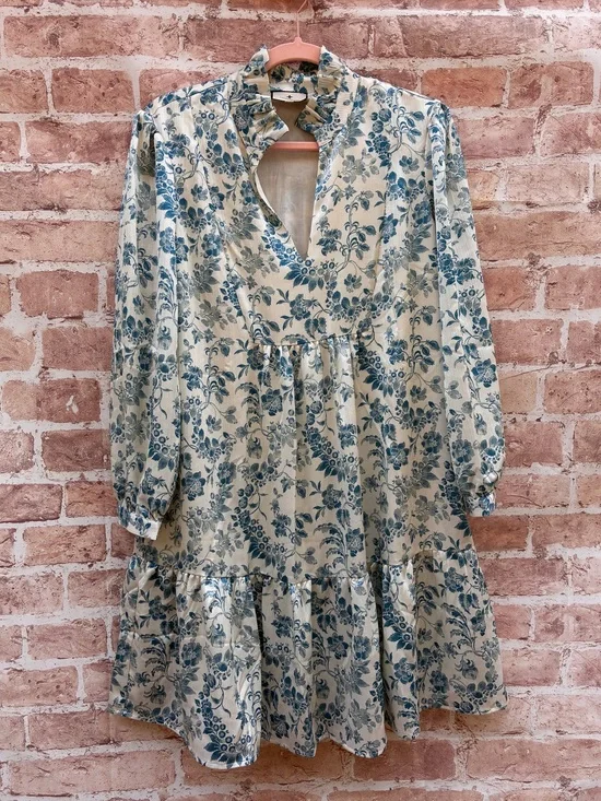 Tuckernuck size L Blue Floral Ruffle Neck satin Tiered mini Dress