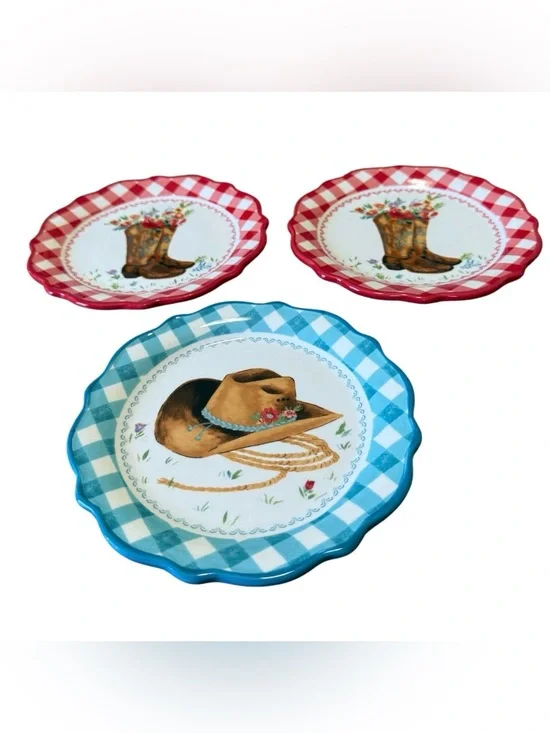 Set of 3 Pioneer Woman Novelty Appetizer Plates Gingham Cowboy Hat & Boots