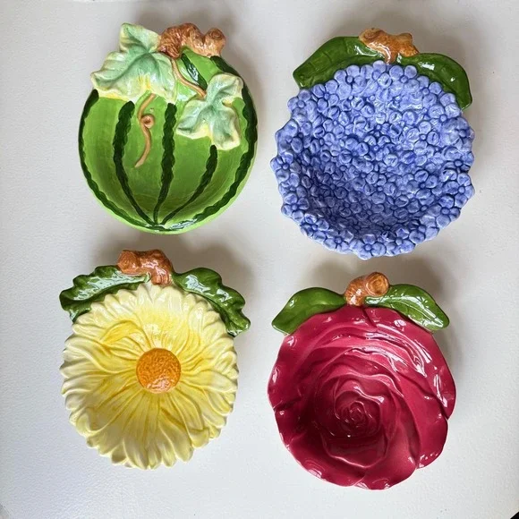 Vintage Ceramic Fruit Floral Bowls Set of 4 Watermelon Rose Daisy Hydrangea 6 in