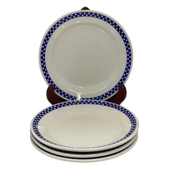 Homer Laughlin Plates White Blue Checkered Border Bistro Diner Restaurant Set 4