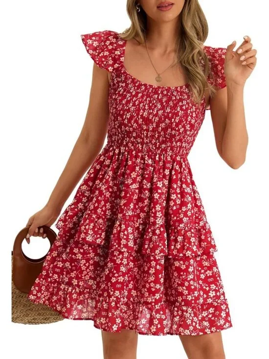 Women's Summer Dress Boho Casual Red-1 Smocked Ruffle Sun Beach Mini Swing Dress