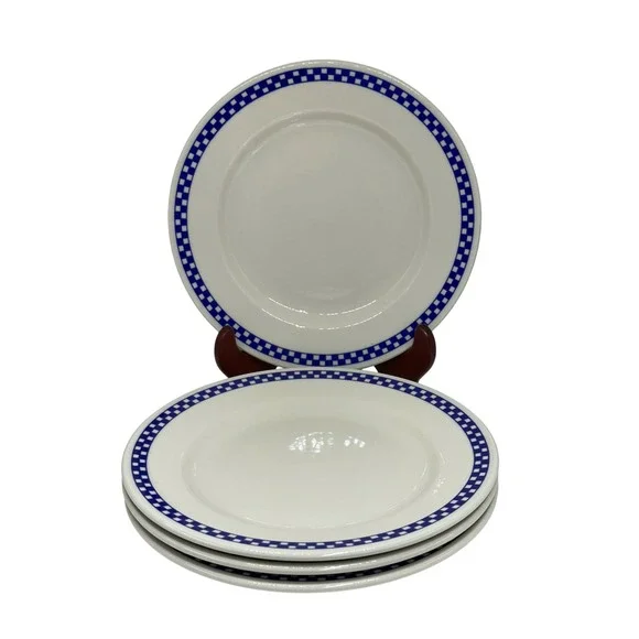 Homer Laughlin Dinner Plates Set of 4 Blue White Checkered Rim Ceramic USA Made