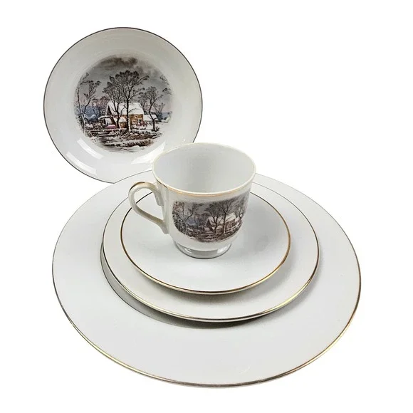 Vintage Avon Fine Porcelain Winter Scene 5 Piece Dinnerware Set Gold Rim Japan