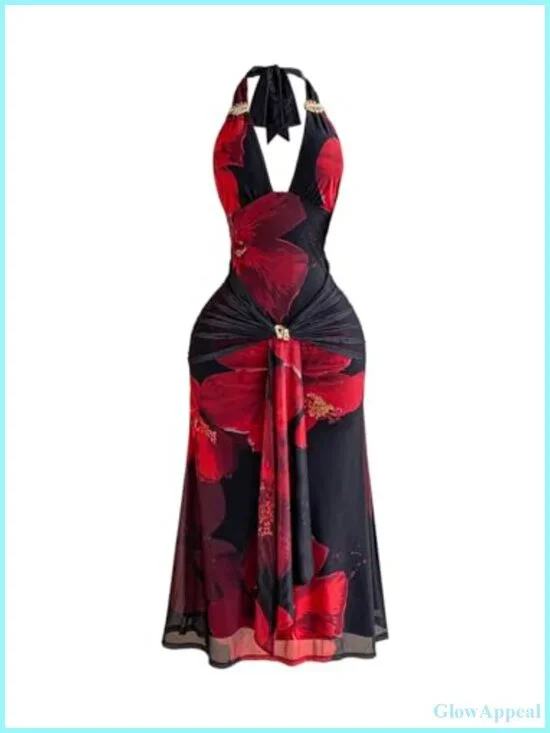 Halter Maxi Dress Deep V Neck Sleeveless Backless Tie Front Bodycon Long