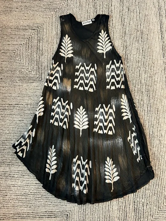 Jessica Taylor One Size Rayon Black Dress White Tribal Leaf Print Boho