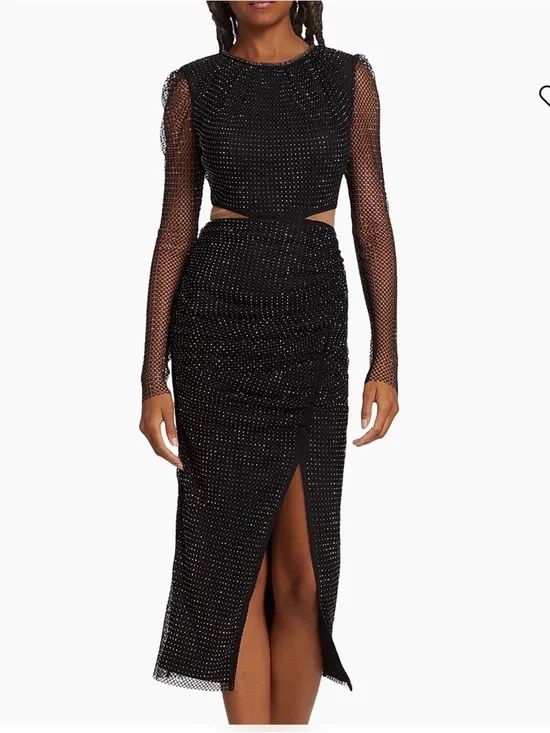 Self-Portrait Black Beaded Mesh Long Sleeve Cutout Midi Dress