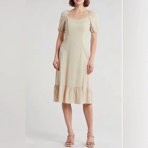 Ellen Tracy Cream Puff‎ Sleeve Linen Blend Peasant Midi Dress