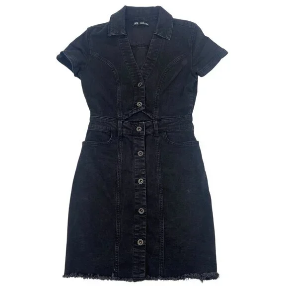 Zara Size Small Black Denim Dress Button Up Short Sleeve Cutout Y2K Grunge