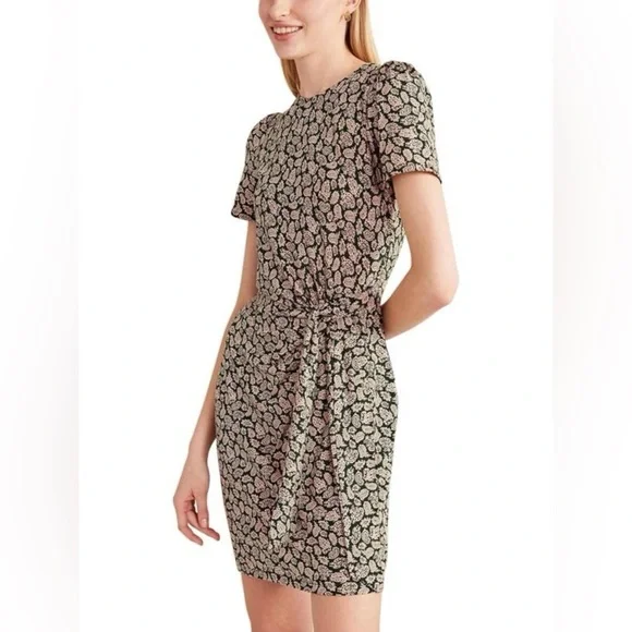 Boden Knot Front Short Sleeve Jersey Above Knee Casual Paisley Print Green Dress