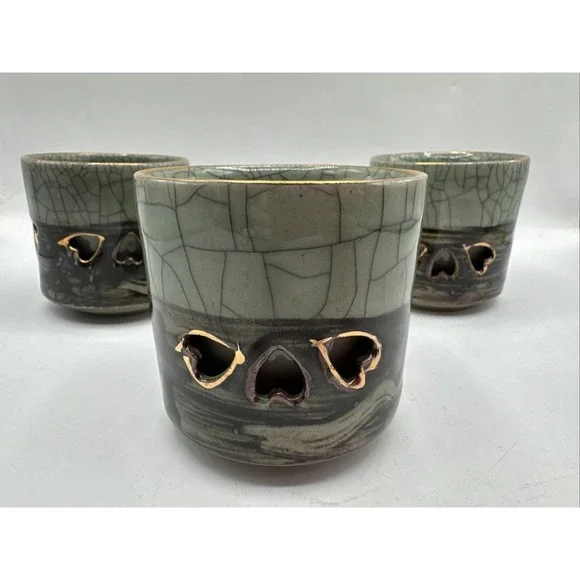 Vintage Soma Ware Somayaki Double-Walled‎ Crackle Glaze 3 Cups Gold Horse