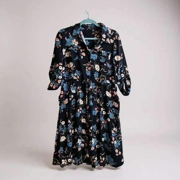 Torrid‎ Floral Button-Down Midi Dress With Rolled Sleeves & Pockets 1X