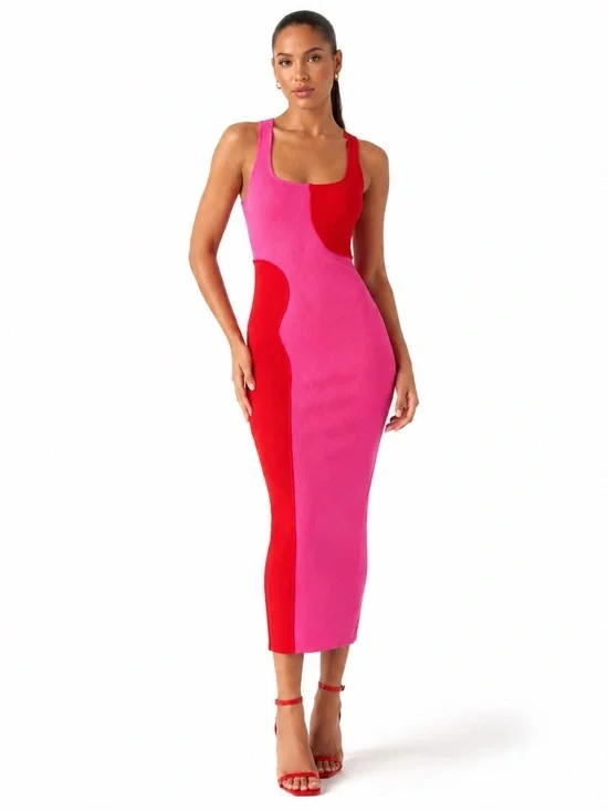 NWOT Sexy Naked Wardrobe Pink Red Colorblock Ribbed Bodycon Midi Dress L