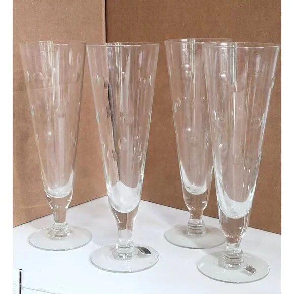 Vintage Mountaineer Etched Crystal Pilsner Glasses Set Of 4 Coin Dot Design Eleg