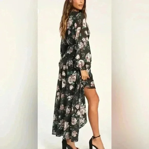 Lulus Feeling Cherished black Floral Ruffled Wrap Tiered Maxi Dress