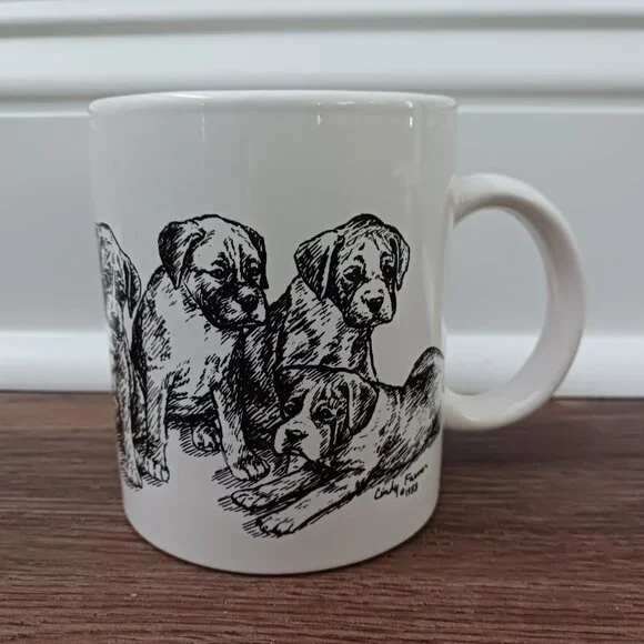 Vintage 1988 Cindy Farmer Boxer Puppies Dog Sketch Coffee Mug‎ Cup