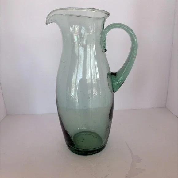 Water Pitcher Carafe‎ with Handle Art Glass Hand Blown Jug Bubbles Green- VTG
