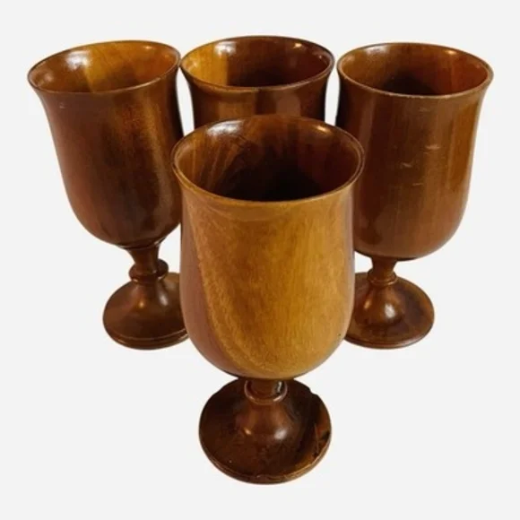 Vintage Mid-Century Modern Hand Carved Wood Goblets Wine Chalices Cups Set of 4