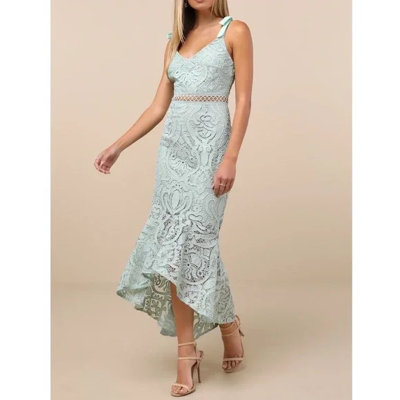 NWT Lulus‎ Won Your Heart Sage Green Lace Tie-Strap High-Low Midi Dress Small