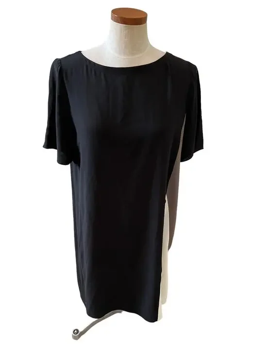 Eileen Fisher Silk shift Dress Black Cream Colorblock Print S