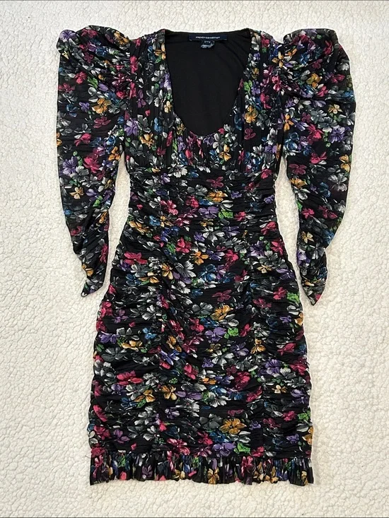 French Connection Zelka Alanna Jersey Mini Dress Black Multi sz 0 Bodycon Floral