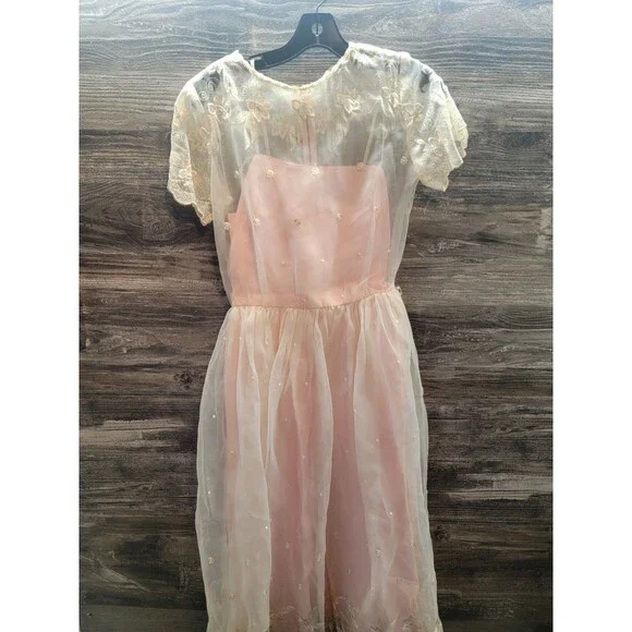 VTG 70s Party Tea Dress Women  Bridesmaid Chiffon Peach White Coquette