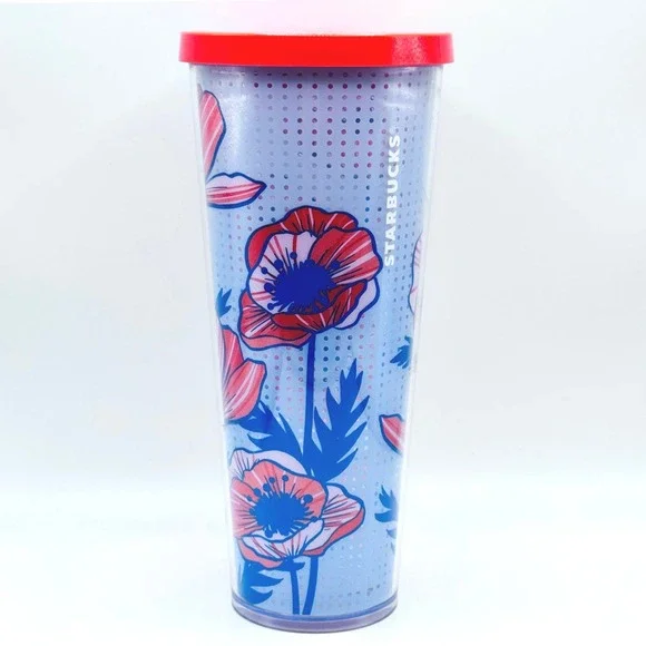 Starbucks Poppy Floral Cup Tumbler 24oz Blue Polka Dot Venti Acrylic Cold‎ 2017