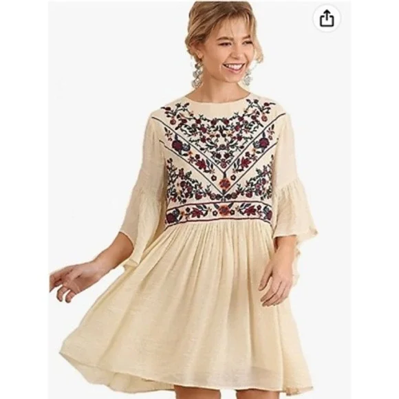 Umgee Boho Floral Embroidered‎ Bell Sleeve Mini Dress Cream Ivory Babydoll Sz S