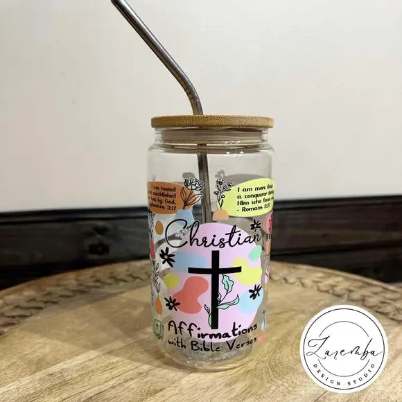 Christian Affirmations with Bible Verses Libbey Cup, Religious Beer Can Glass