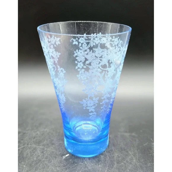 Vintage Fostoria Chintz Etched Blue Tumbler Elegant Glass 6