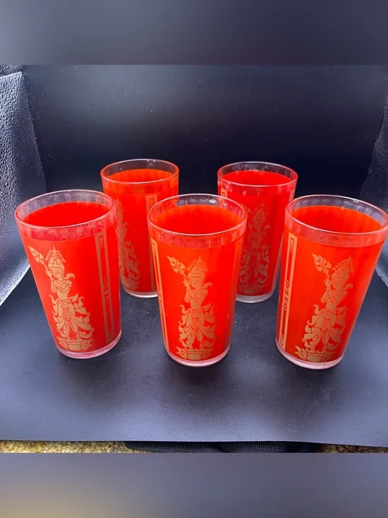 5 Vintage 1960s MCM Culver MANDALAY Red Siam Thai Goddess Glasses Tumblers