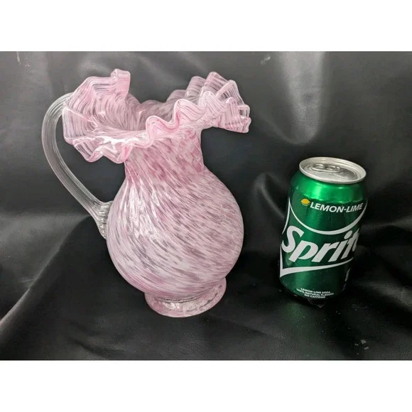 Fenton Pink White Spatter Glass Pitcher Ewer Threaded Handle Ruffled Rim 9 in