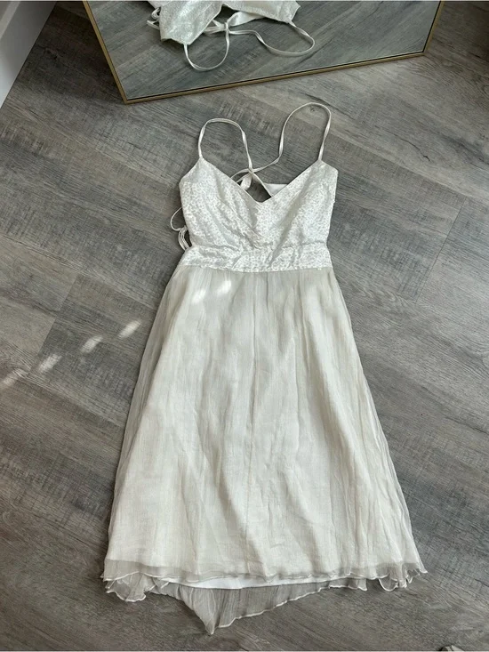 Vintage Y2K Forever 21 100% Silk Lace Up Back Chiffon Midi Dress White Cream L