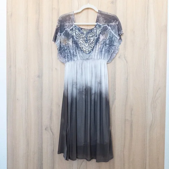 Y2K Live‎ and Let Live Womens Dress Size M Gray Ombre Beaded Boho Fairy Grunge