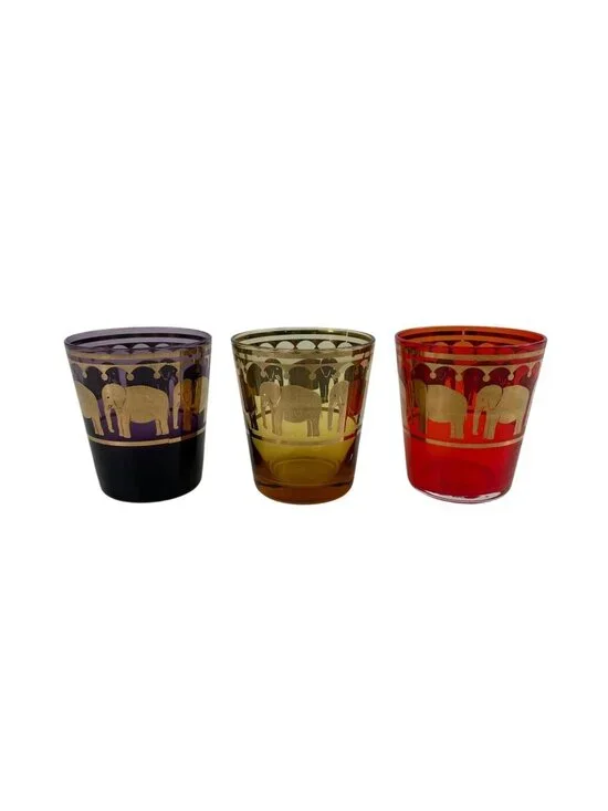 Set Of 3 Vintage MCM Elephant-Themed Juice/Lg Shot Glasses With Gold Detailing