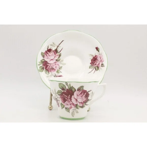 Roses Tea Cup and Saucer Set England Pink Shabby VTG Crownford Fine Bone China