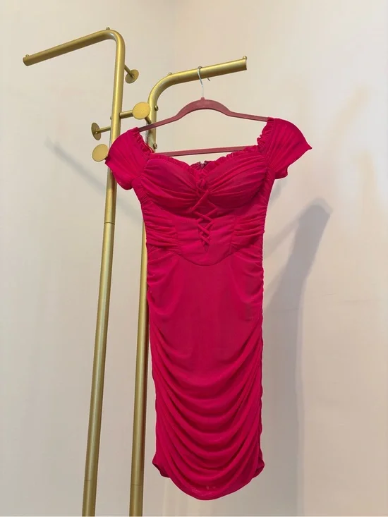 Hot Pink Ruched Off-Shoulder Dress