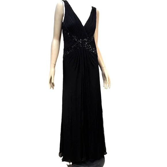 Tadashi Collection Long Evening Gown‎ Size 10 Black Silk Chiffon Beaded V-Neck