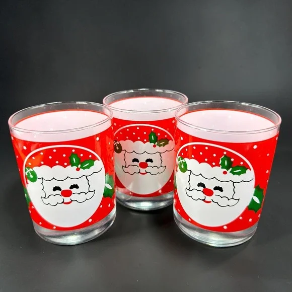 Tom Collins Santa Claus Christmas Drinking Glasses Red Polka Dot Holly Set of 3