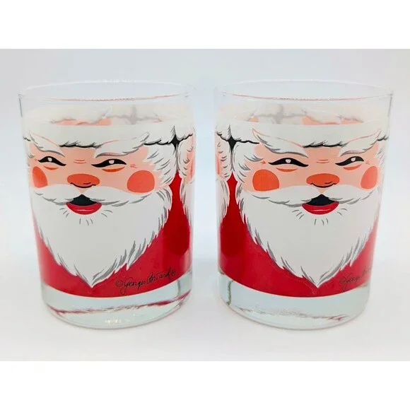 Vintage MCM Georges Briard Santa Claus Face Low Ball Glasses Set of 2 