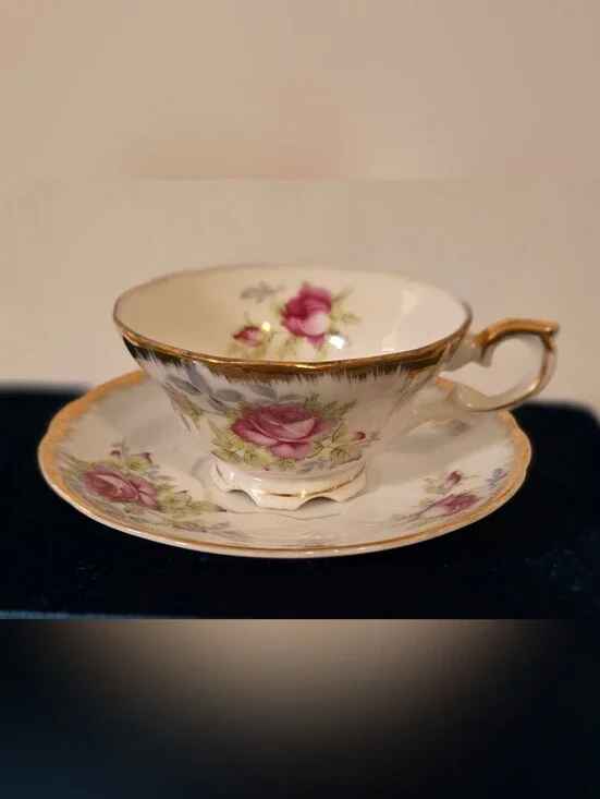 Vintage NBS Japan Porcelain Footed Tea Cup Saucer Set Pink Rose Floral Gold Gilt