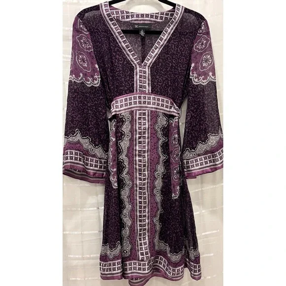 INC International Concepts Silk Purple Paisley V-Neck Bell Sleeve Tunic Dress 8